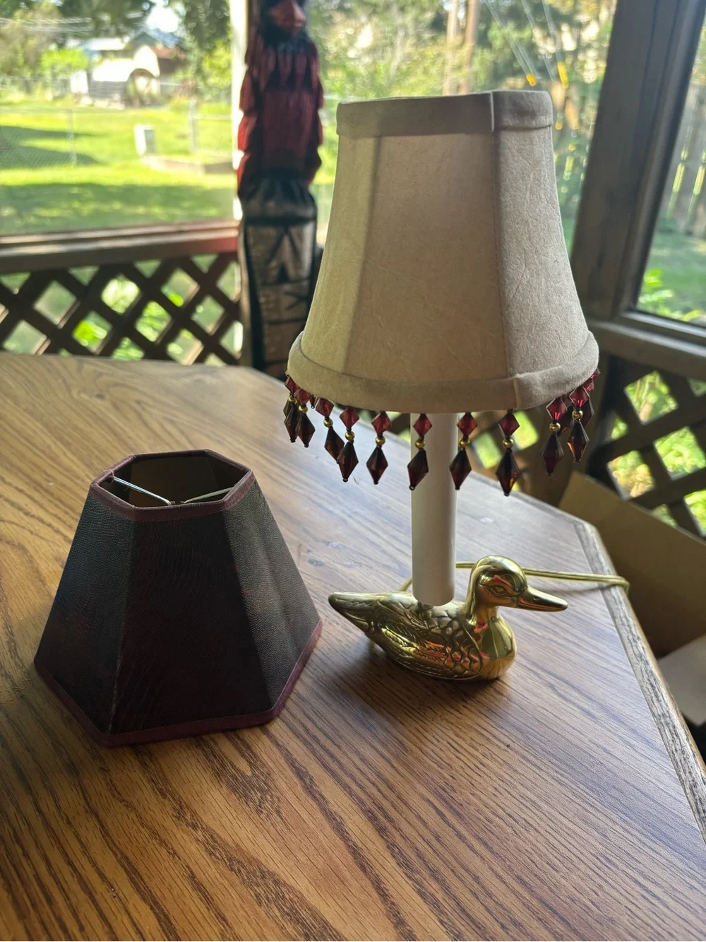 VTG Brass Duck Table Lamp with Beige Shade 12”- Extra Shade included.